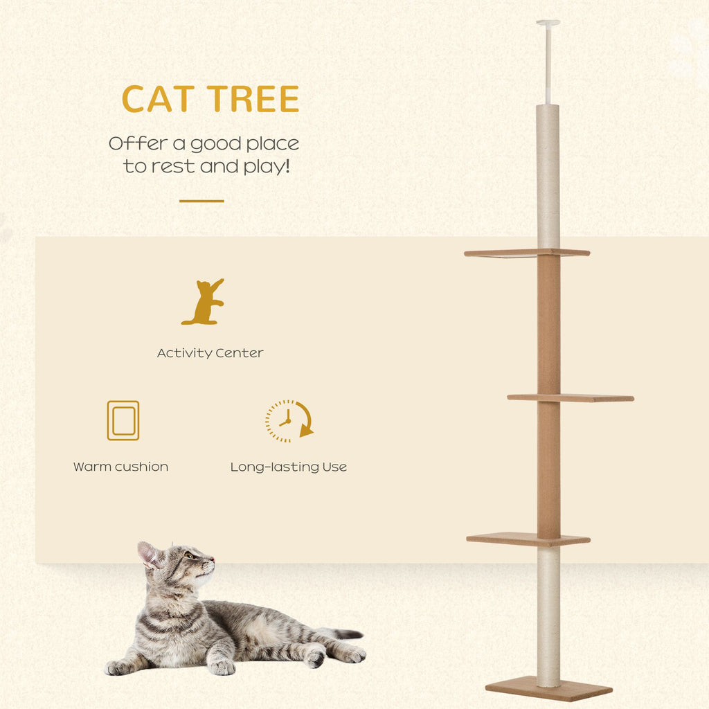 Natural Floor-to-Ceiling Cat Tree, Sisal-Covered Scratching Posts, Light Brown