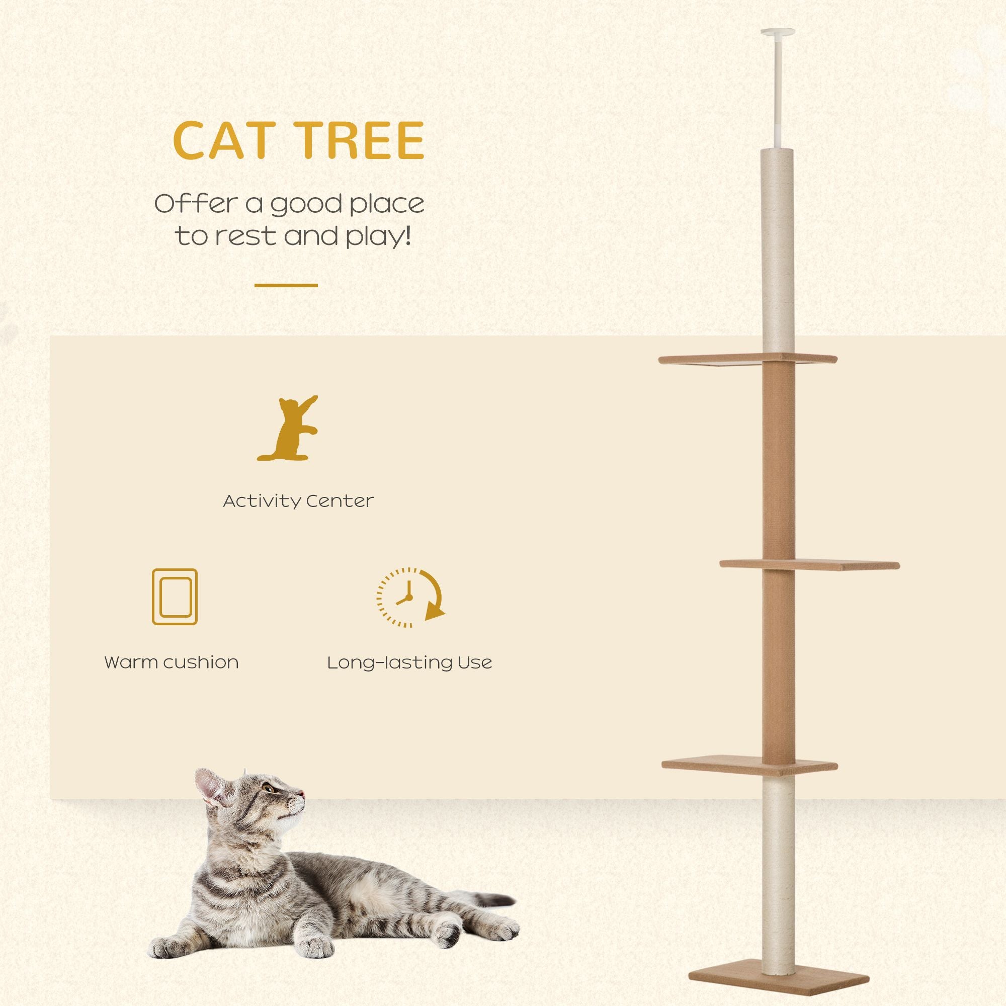 Natural Floor-to-Ceiling Cat Tree, Sisal-Covered Scratching Posts, Light Brown