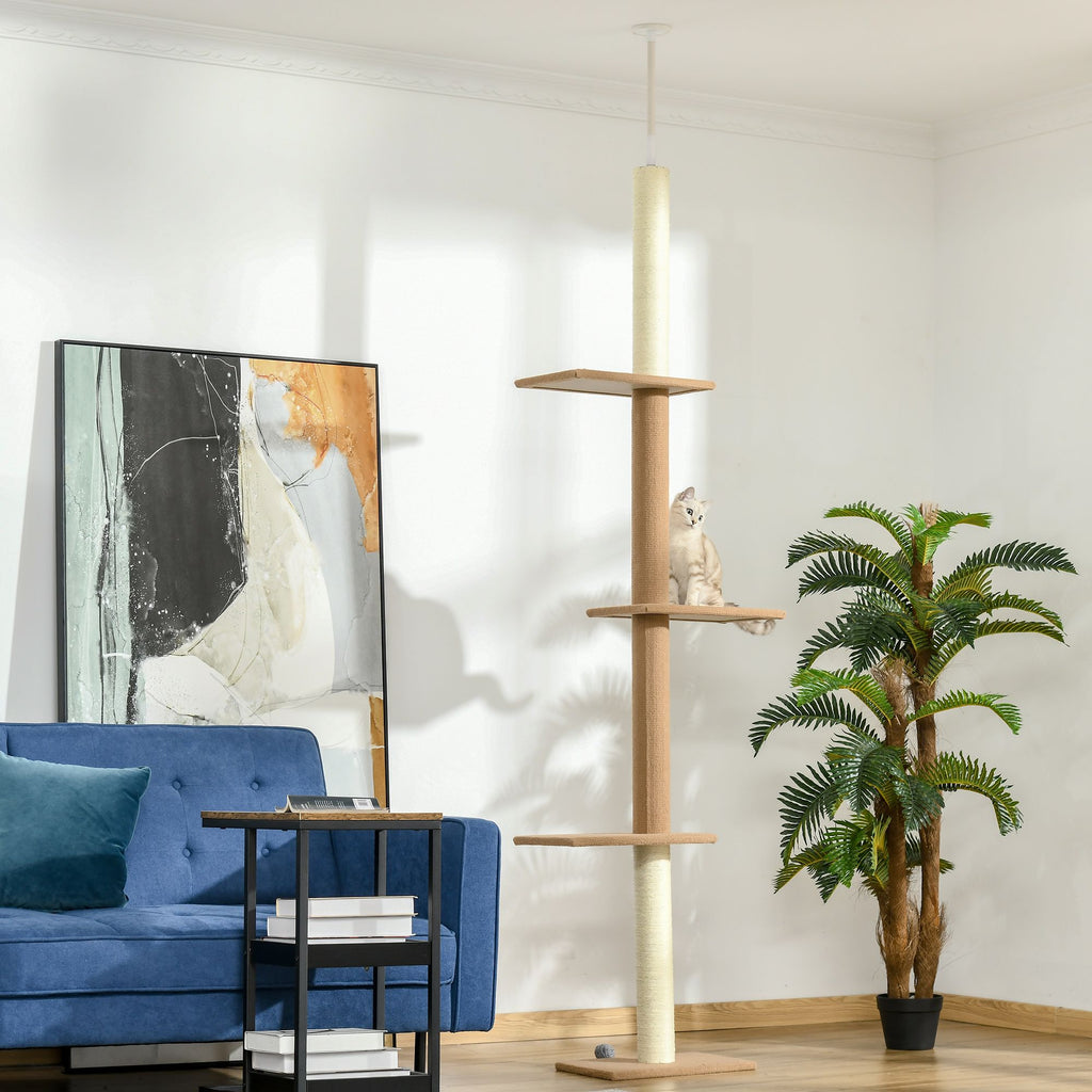 Natural Floor-to-Ceiling Cat Tree, Sisal-Covered Scratching Posts, Light Brown