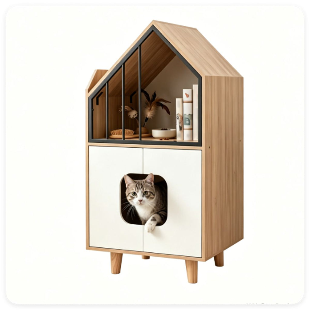 Hidden Cat Litter Box Furniture with Elevated Lounge