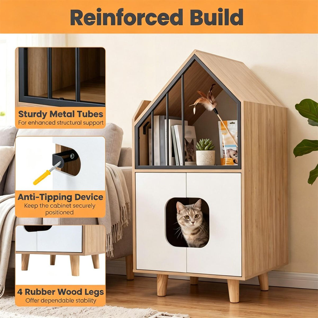 Hidden Cat Litter Box Furniture with Elevated Lounge