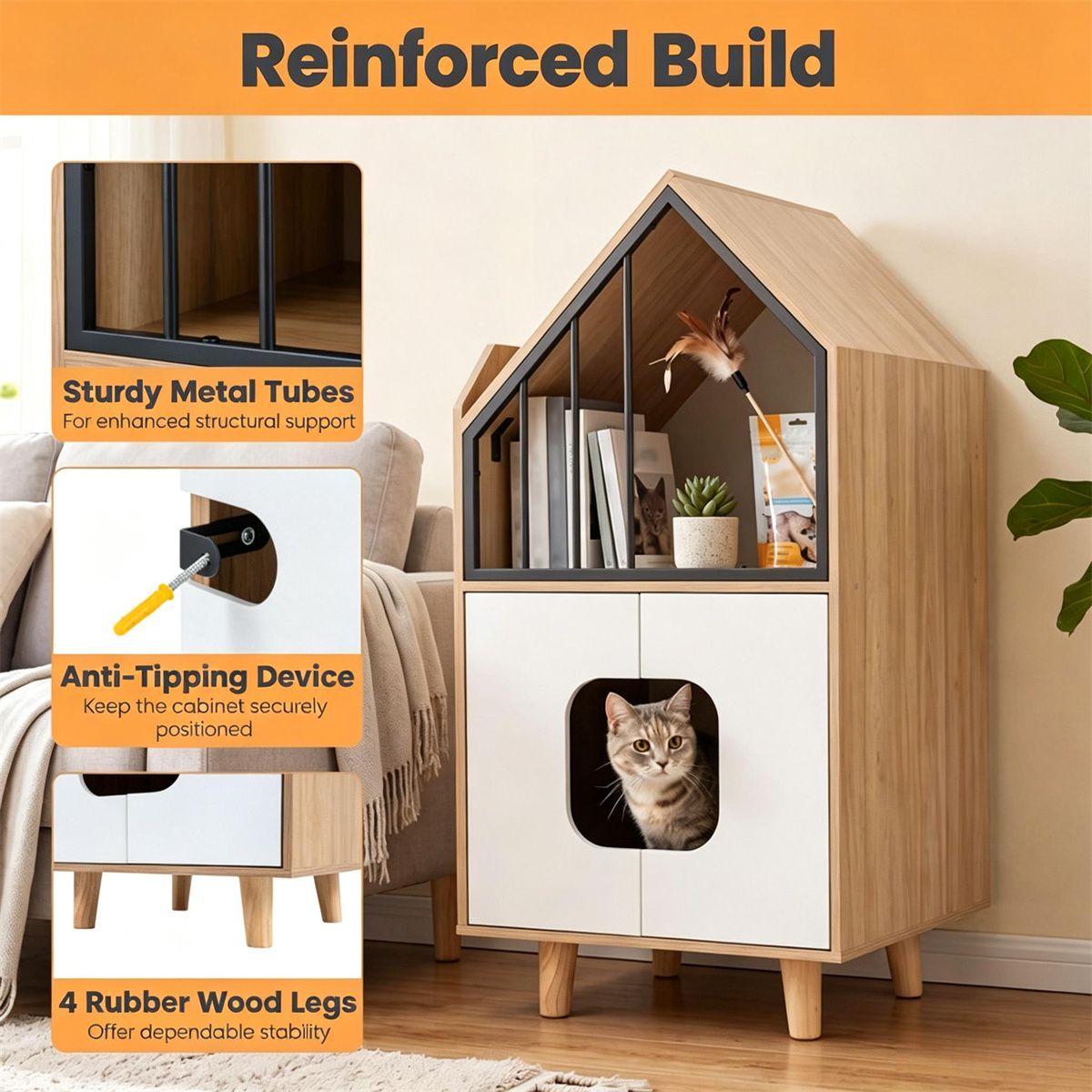 Hidden Cat Litter Box Furniture with Elevated Lounge