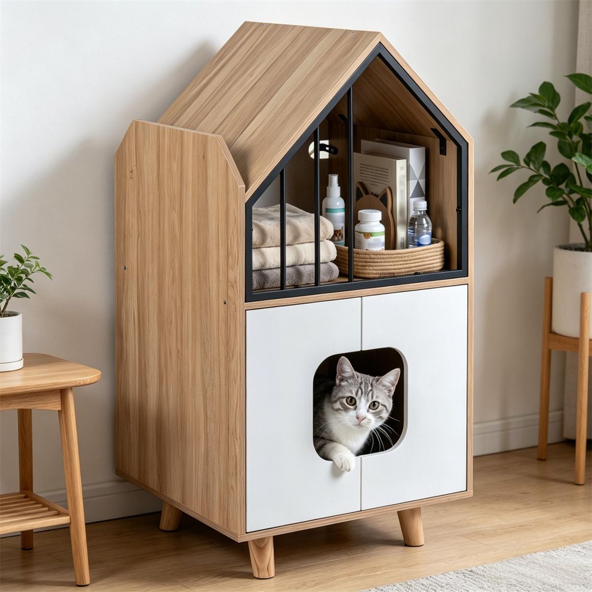 Hidden Cat Litter Box Furniture with Elevated Lounge