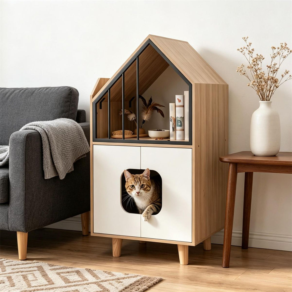 Hidden Cat Litter Box Furniture with Elevated Lounge