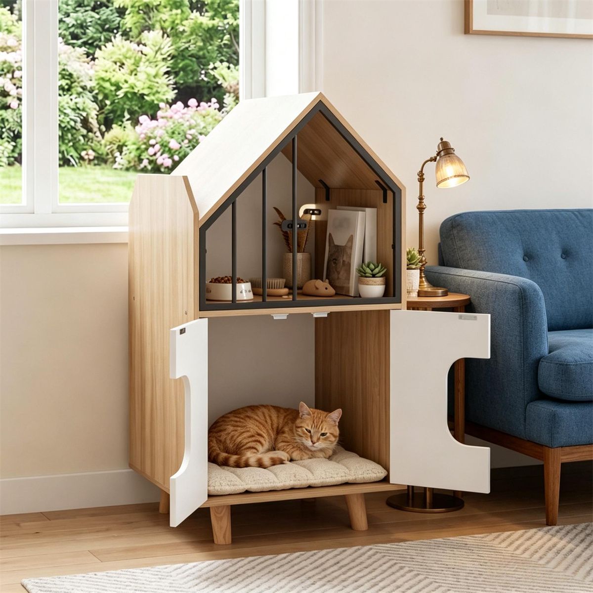 Hidden Cat Litter Box Furniture with Elevated Lounge