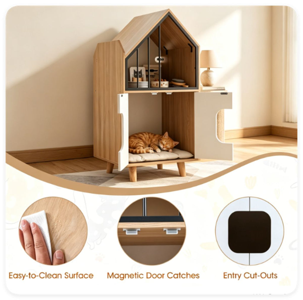 Hidden Cat Litter Box Furniture with Elevated Lounge