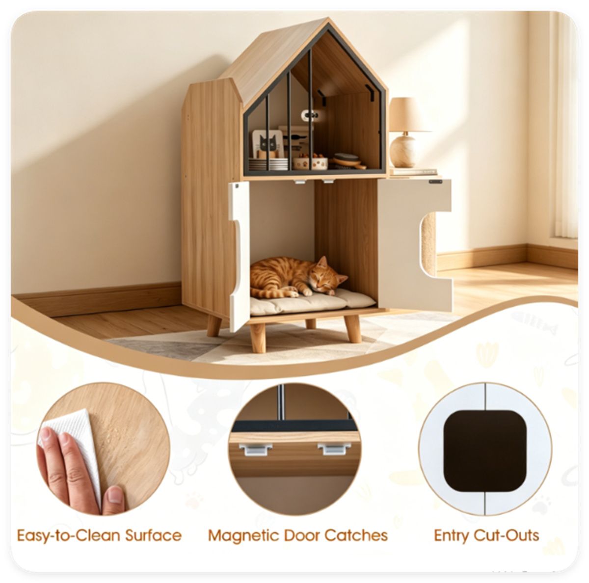 Hidden Cat Litter Box Furniture with Elevated Lounge