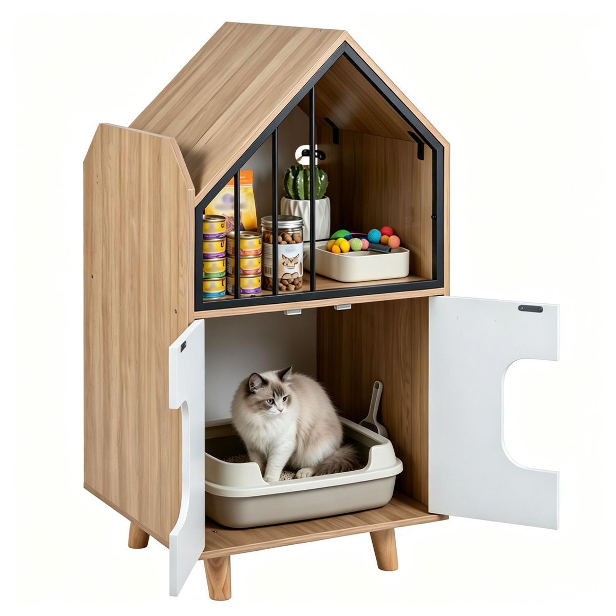 Hidden Cat Litter Box Furniture with Elevated Lounge