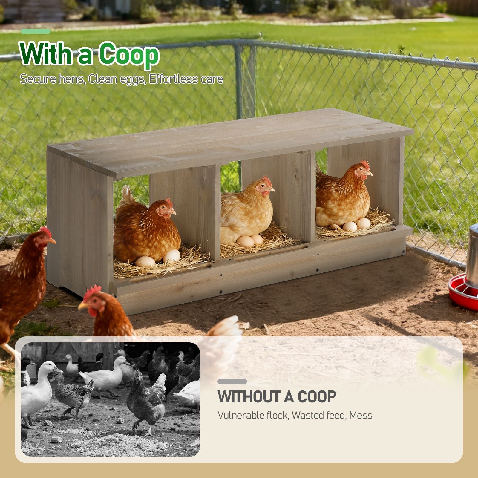 Nesting Boxes for Chickens, Wooden Chicken Nesting Box, Laying Eggs Nest Box for Chickens Hens Ducks, Gray, 3 Compartments