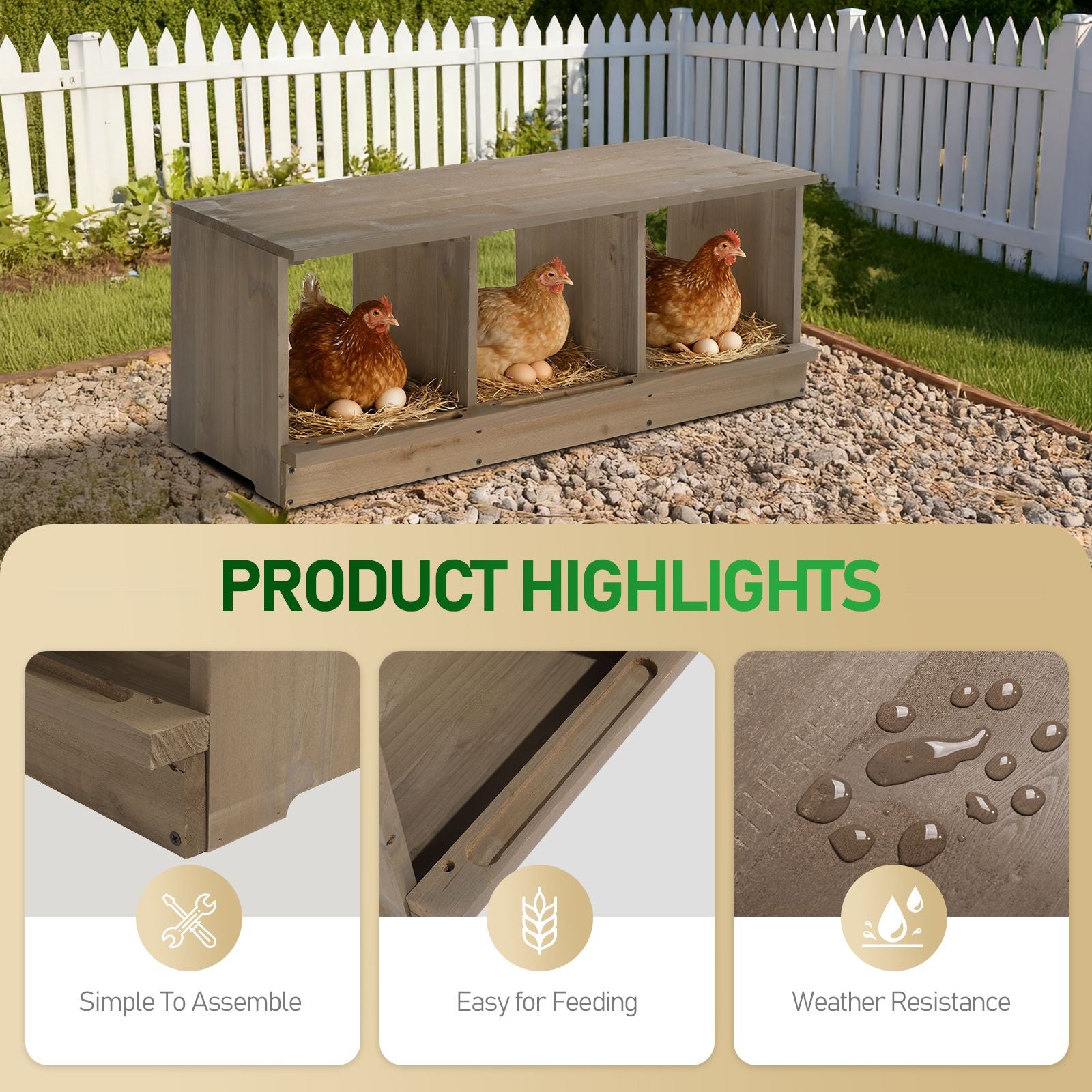 Nesting Boxes for Chickens, Wooden Chicken Nesting Box, Laying Eggs Nest Box for Chickens Hens Ducks, Gray, 3 Compartments