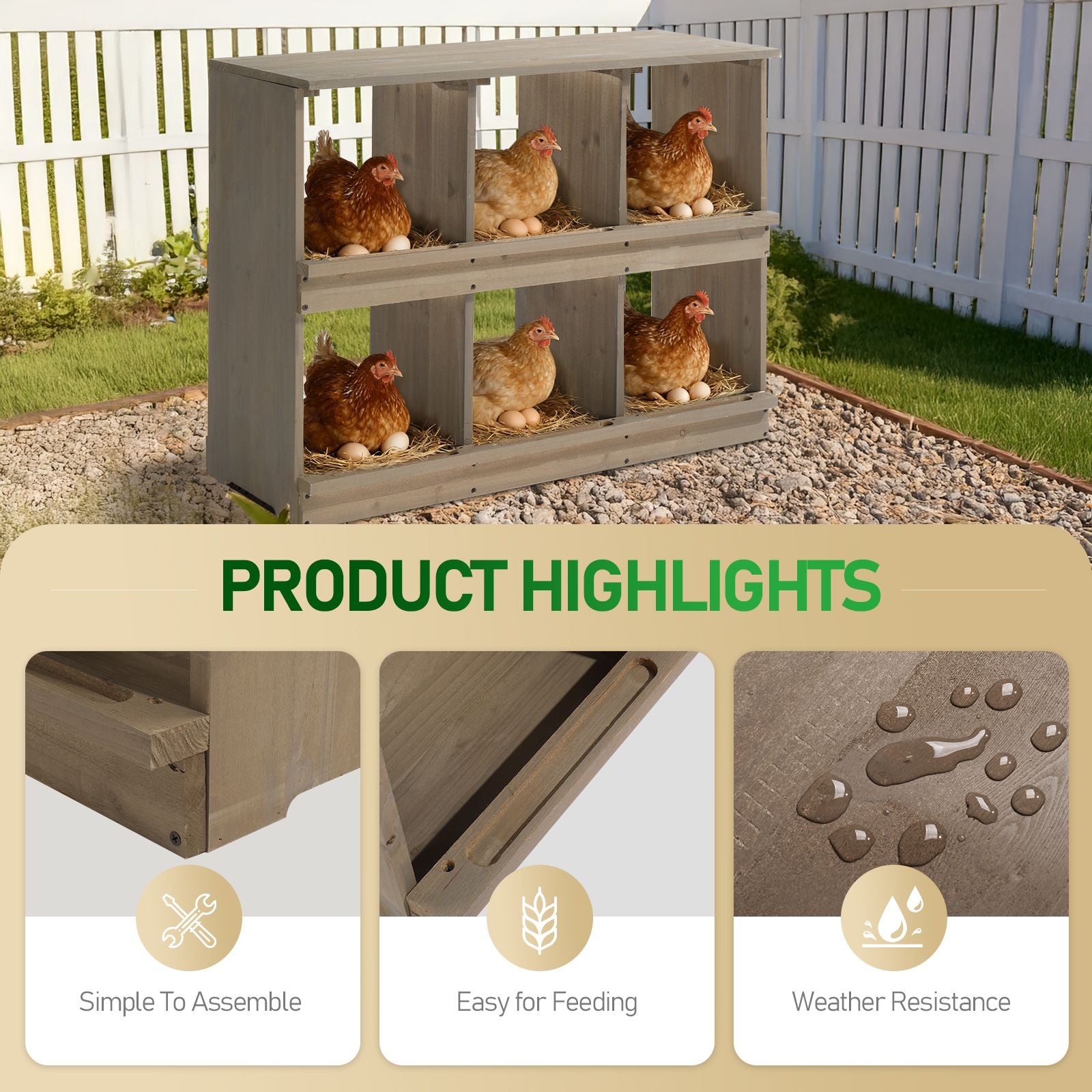 Nesting Boxes for Chickens, Wooden Chicken Nesting Box, Laying Eggs Nest Box for Chickens Hens Ducks, Gray, 6 Compartments
