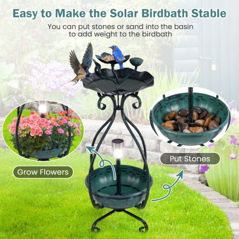 Outdoor Bird Bath Feeder with Flower Planter and Solar Lights