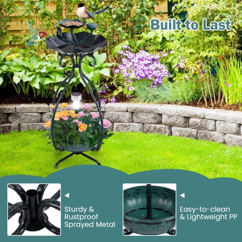 Outdoor Bird Bath Feeder with Flower Planter and Solar Lights
