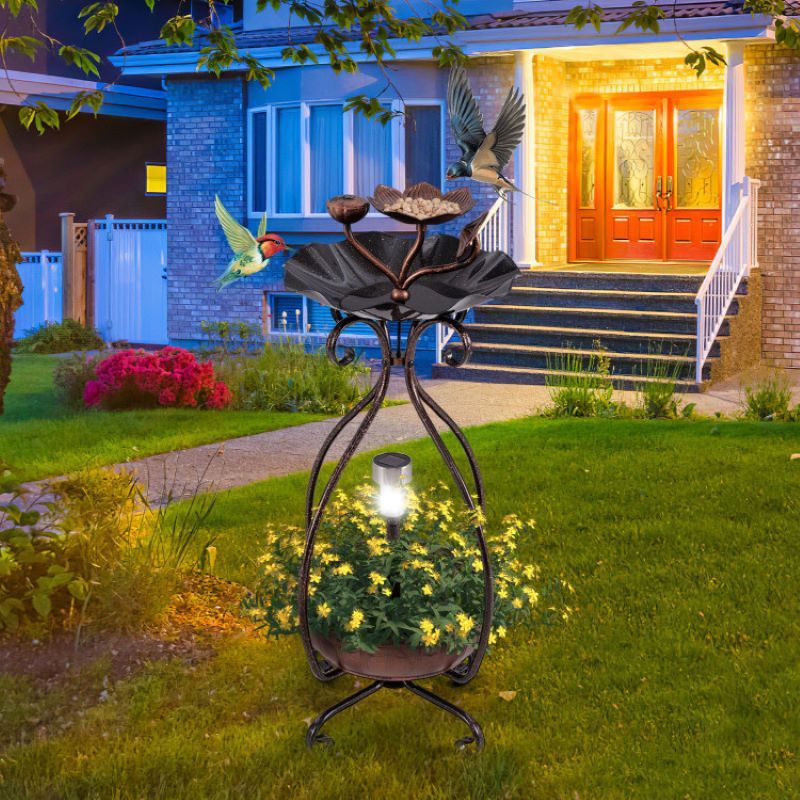 Outdoor Bird Bath Feeder with Flower Planter and Solar Lights