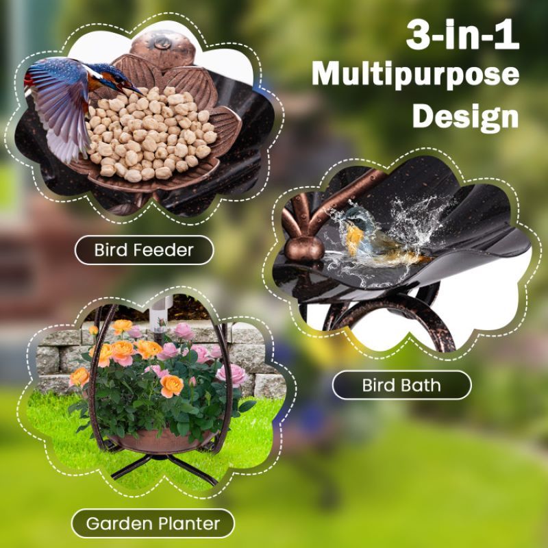 Outdoor Bird Bath Feeder with Flower Planter and Solar Lights