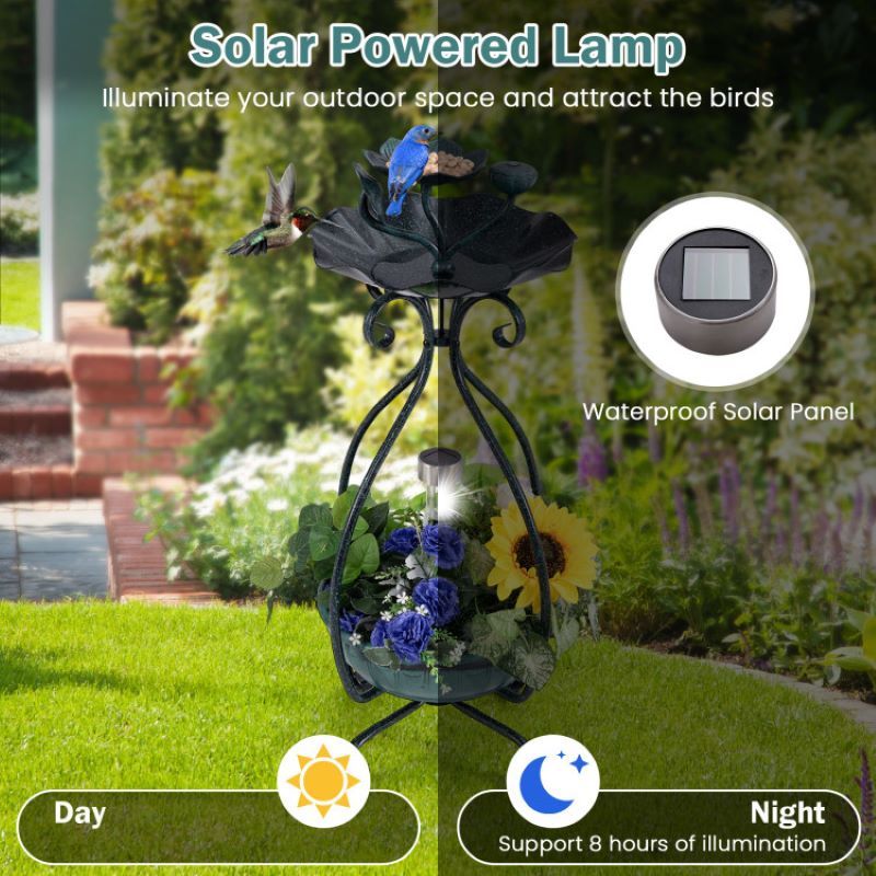 Outdoor Bird Bath Feeder with Flower Planter and Solar Lights