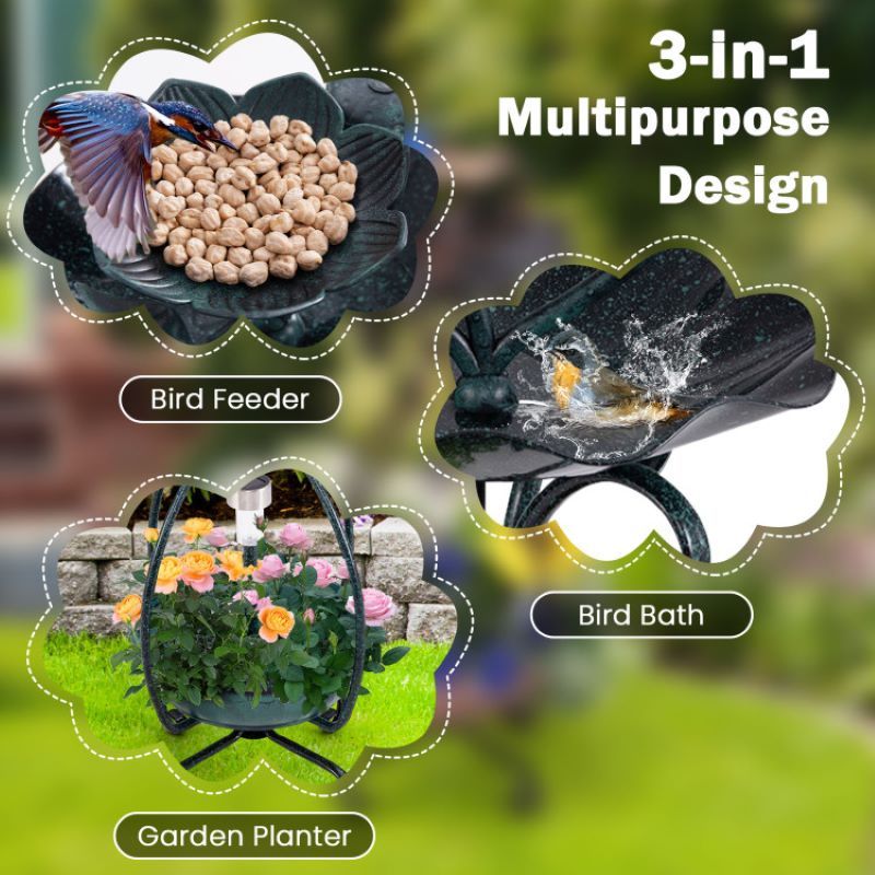 Outdoor Bird Bath Feeder with Flower Planter and Solar Lights