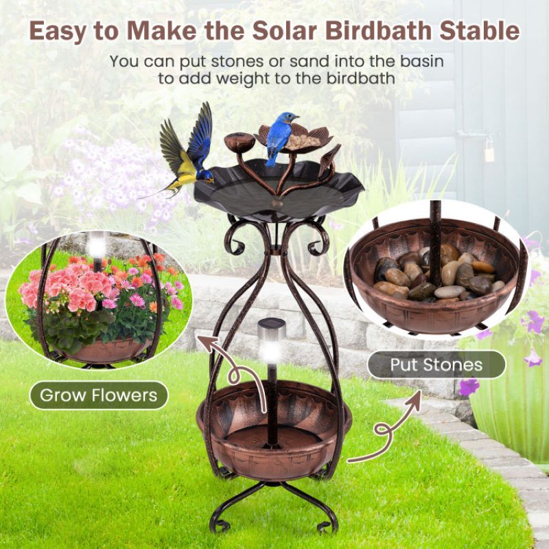 Outdoor Bird Bath Feeder with Flower Planter and Solar Lights
