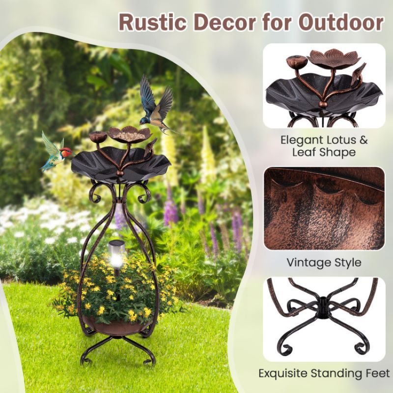 Outdoor Bird Bath Feeder with Flower Planter and Solar Lights