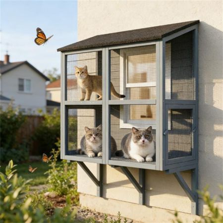 Wall-Mounted Outdoor Cat Cage with Double-Tier and water-ready Roof