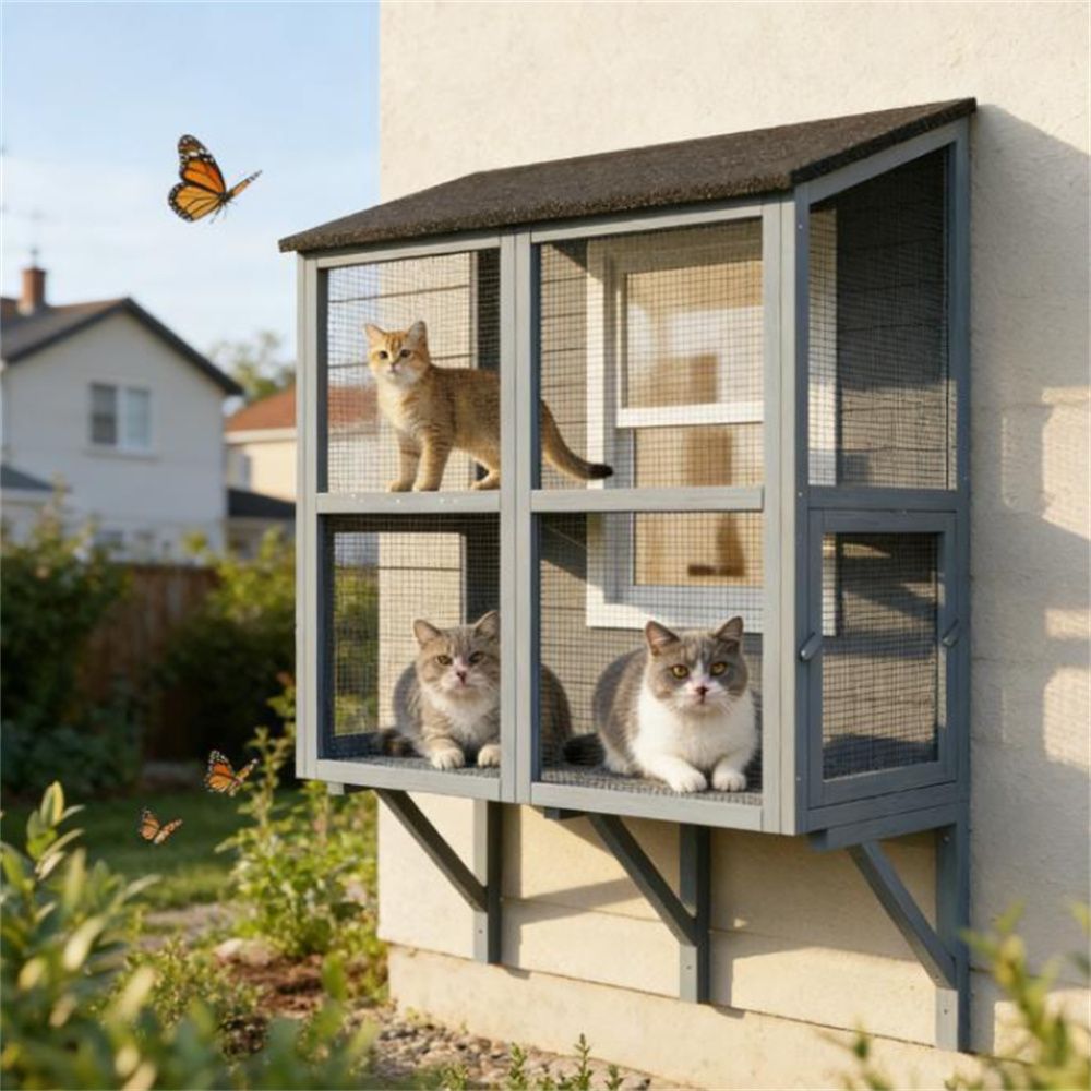 Wall-Mounted Outdoor Cat Cage with Double-Tier and water-ready Roof