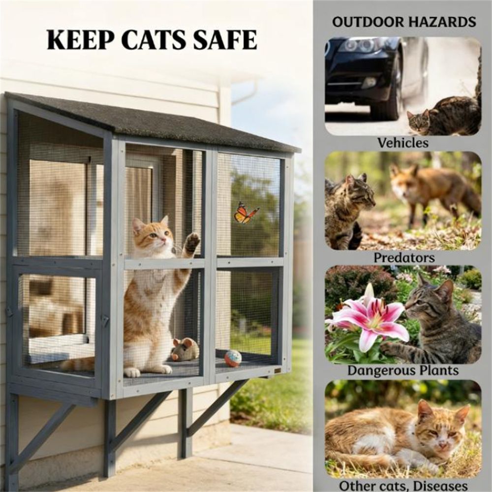 Wall-Mounted Outdoor Cat Cage with Double-Tier and water-ready Roof