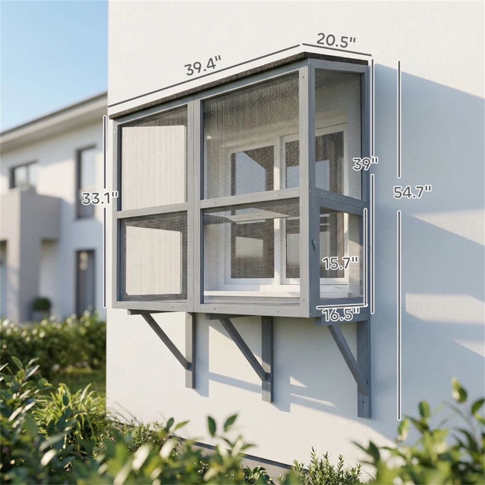 Wall-Mounted Outdoor Cat Cage with Double-Tier and water-ready Roof