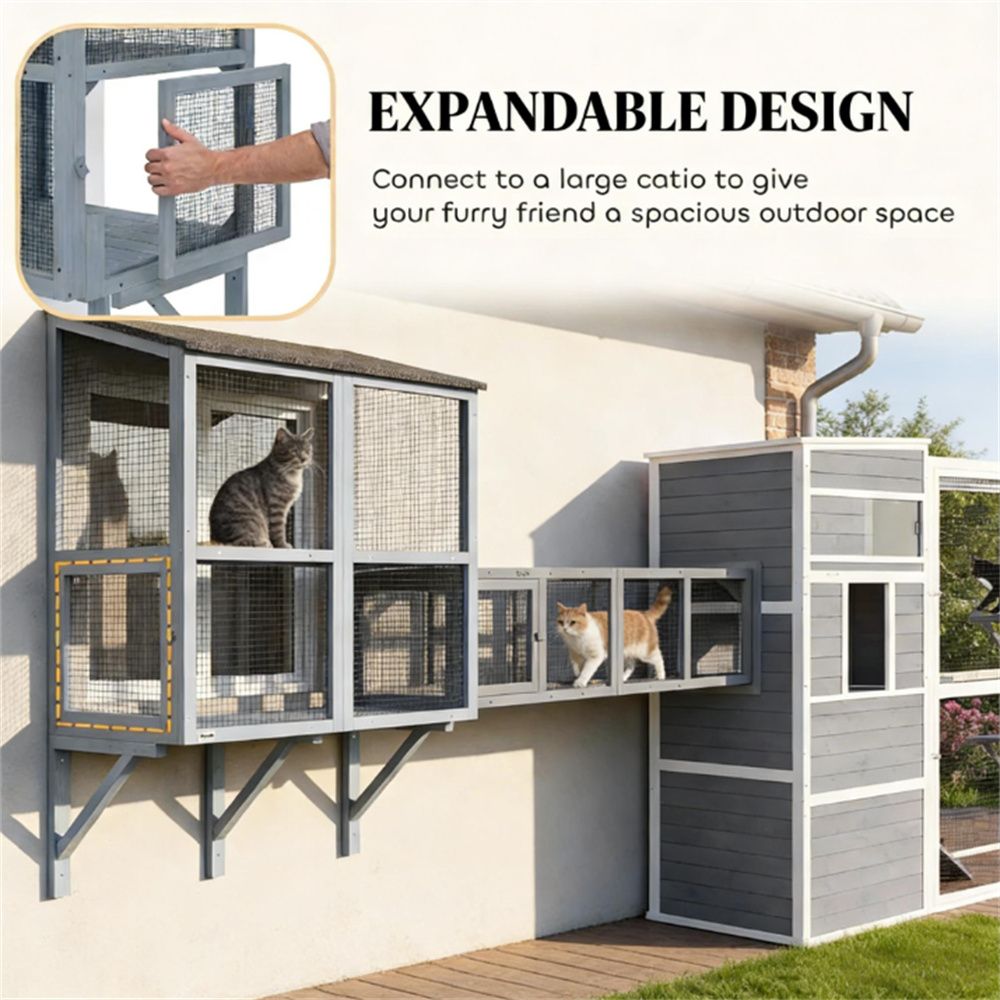Wall-Mounted Outdoor Cat Cage with Double-Tier and water-ready Roof