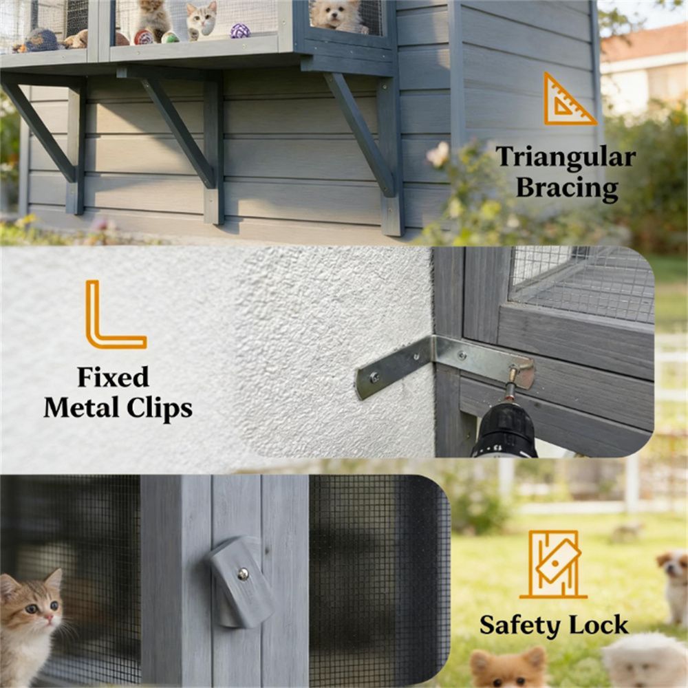 Wall-Mounted Outdoor Cat Cage with Double-Tier and water-ready Roof