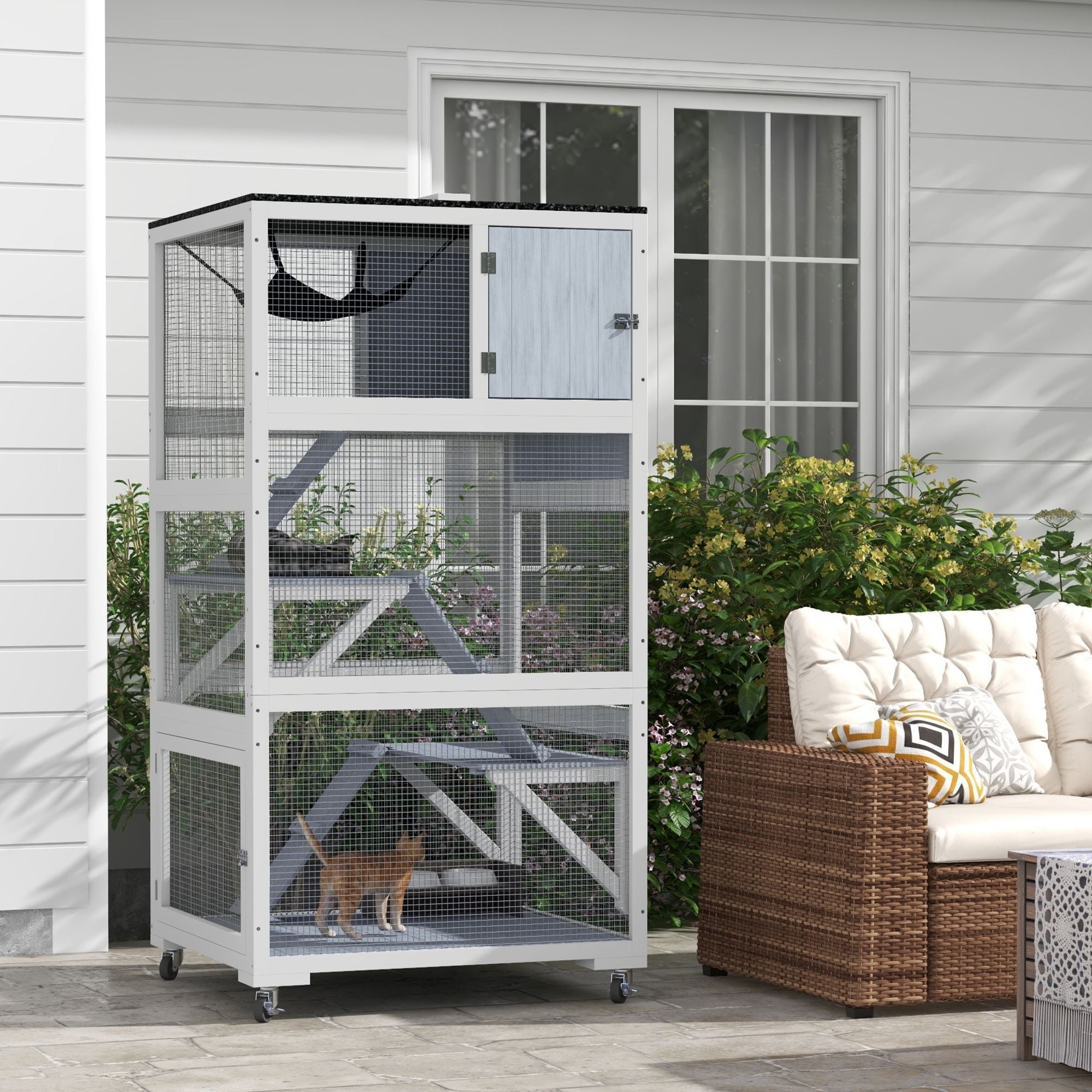 Outdoor Catio on Wheels with Multi-Level Platforms and Hammock