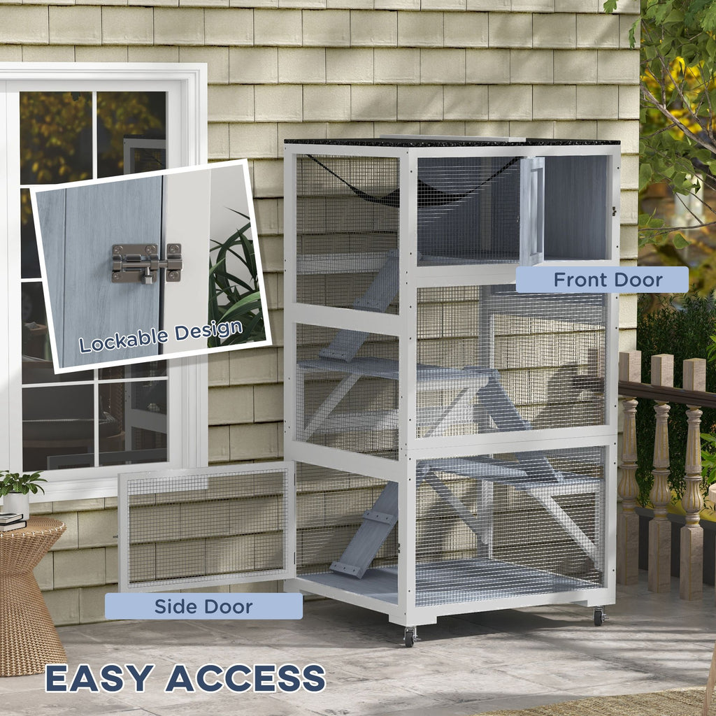Outdoor Catio on Wheels with Multi-Level Platforms and Hammock