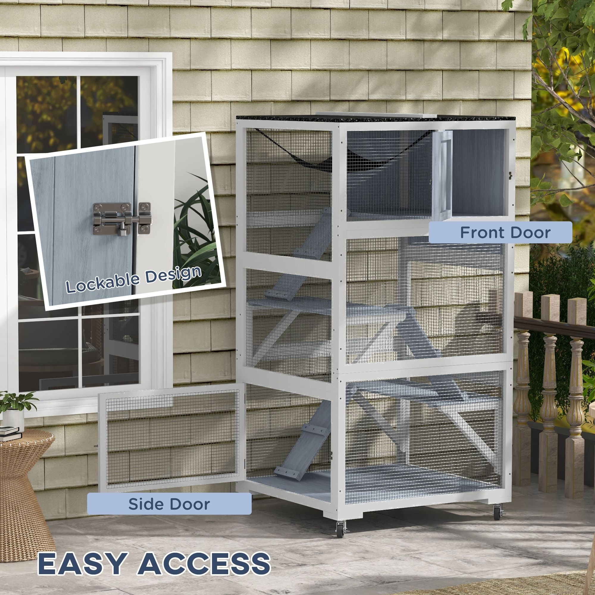 Outdoor Catio on Wheels with Multi-Level Platforms and Hammock