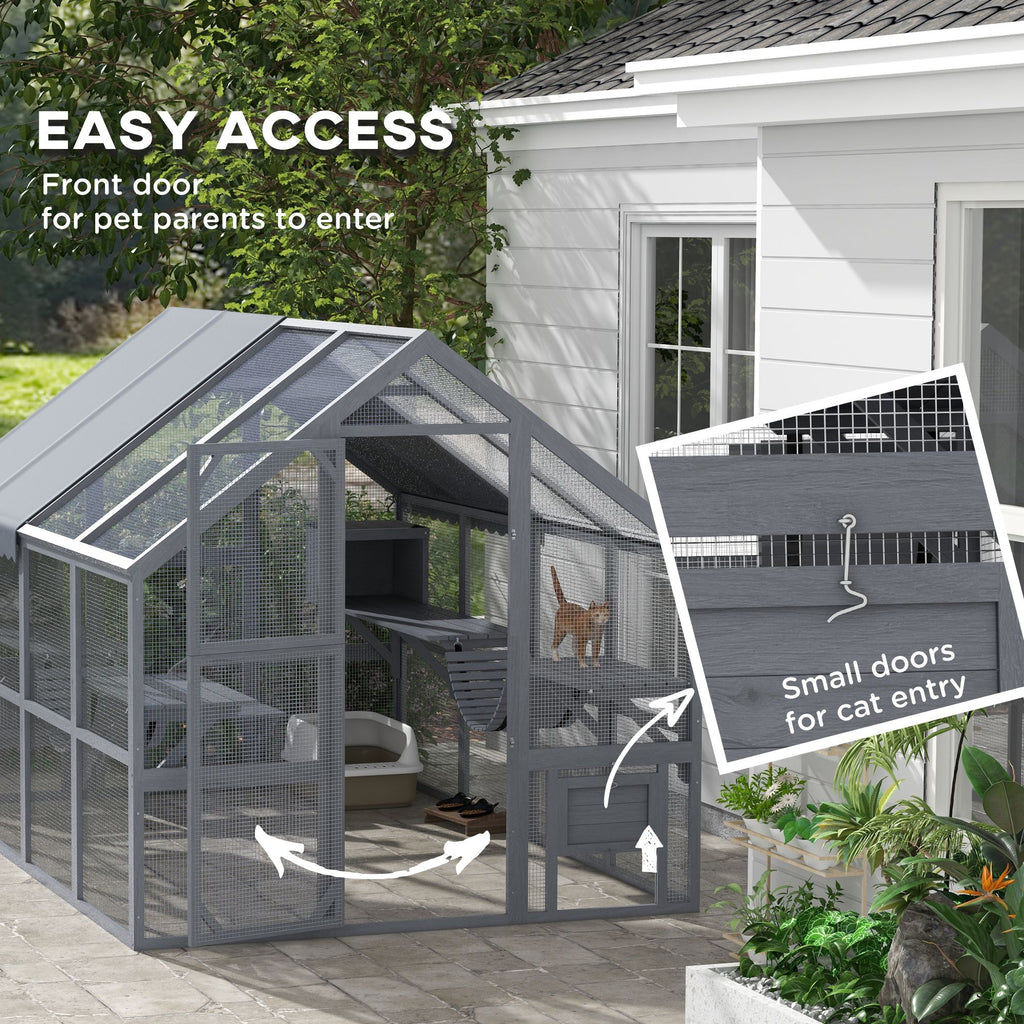 Spacious Outdoor Cat Patio for 3-6 Cats with Condos and Platforms