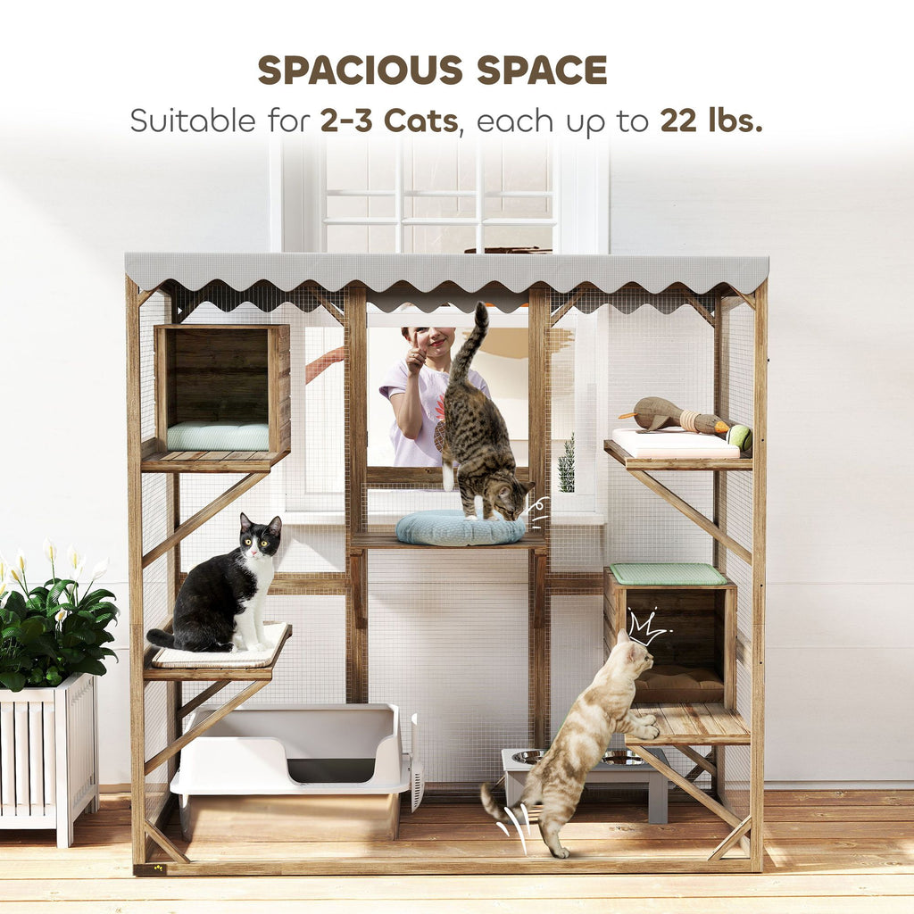 Outdoor Cat Enclosure with Window Access, 5 Platforms and 2 Resting Boxes, Waterproof Roof for Multiple Cats, Brown