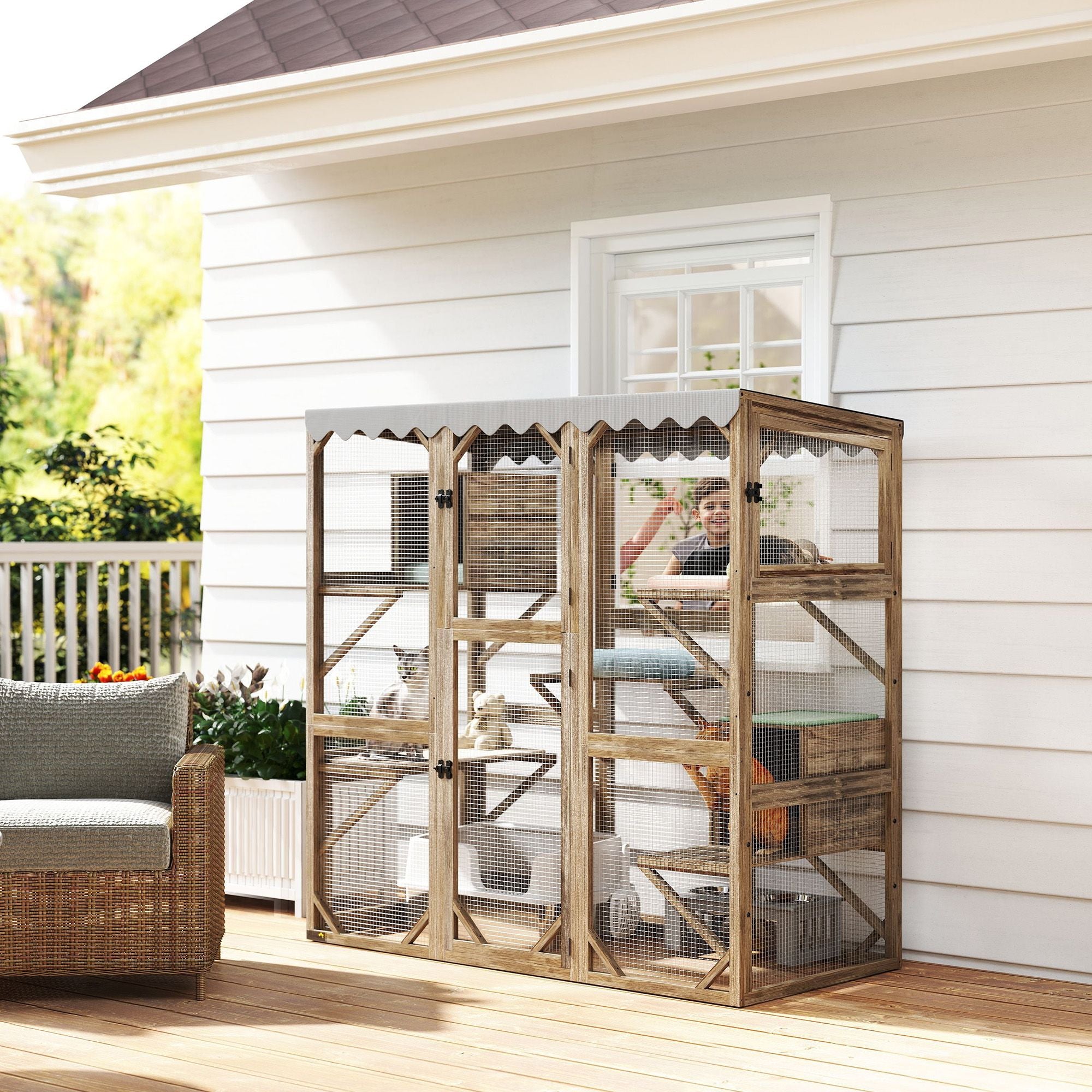 Outdoor Cat Enclosure with Window Access, 5 Platforms and 2 Resting Boxes, Waterproof Roof for Multiple Cats, Brown