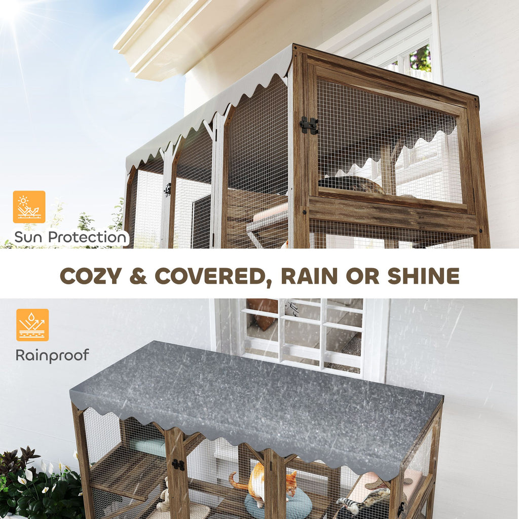 Outdoor Cat Enclosure with Window Access, 5 Platforms and 2 Resting Boxes, Waterproof Roof for Multiple Cats, Brown