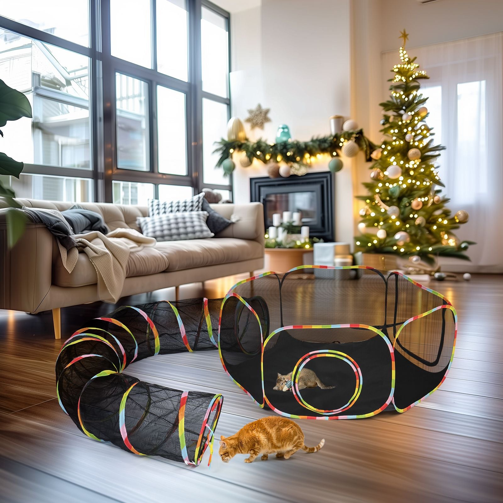 Outdoor Cat Enclosures with Tunnel, Portable Cat Play Tent for Indoor Outdoor, Cat Playpen Enclosed for Cats Rabbits and Small Animals, Rainbow Color