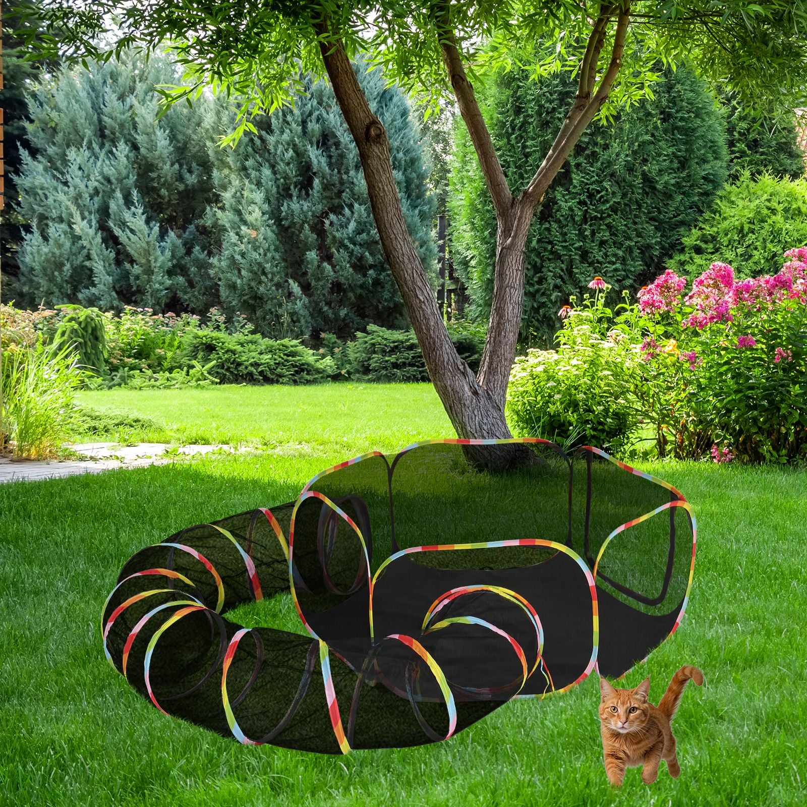 Outdoor Cat Enclosures with Tunnel, Portable Cat Play Tent for Indoor Outdoor, Cat Playpen Enclosed for Cats Rabbits and Small Animals, Rainbow Color