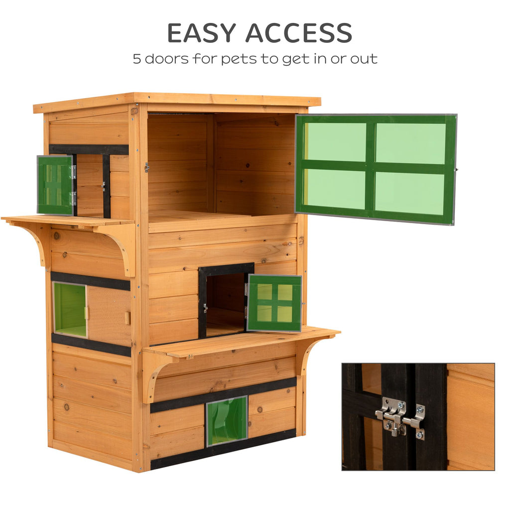 Outdoor Cat House, 3-Tier Kitty Shelter with 5 Escape Doors, Weather Resistant, Yellow & Black