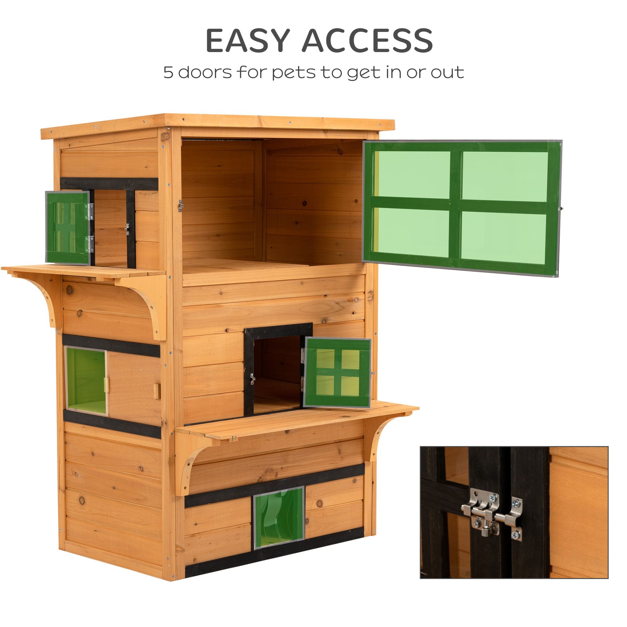 Outdoor Cat House, 3-Tier Kitty Shelter with 5 Escape Doors, Weather Resistant, Yellow & Black