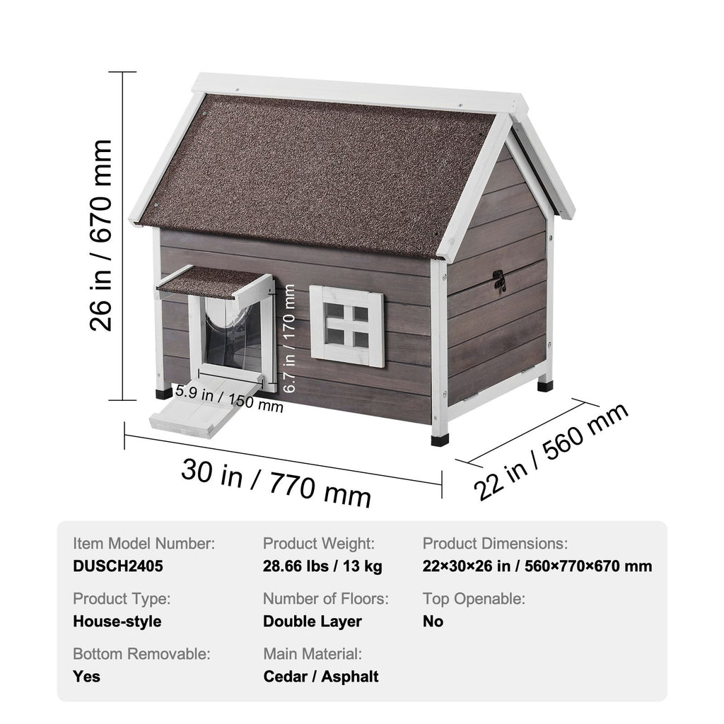 Outdoor Cat House Weatherproof, Feral Cat Shelter for Multiple Cats, Outdoor Wooden Cat House with Large Side Door, PVC Door Flaps, Open Roof, Clear Window, 22"L x 30"W x 26"H