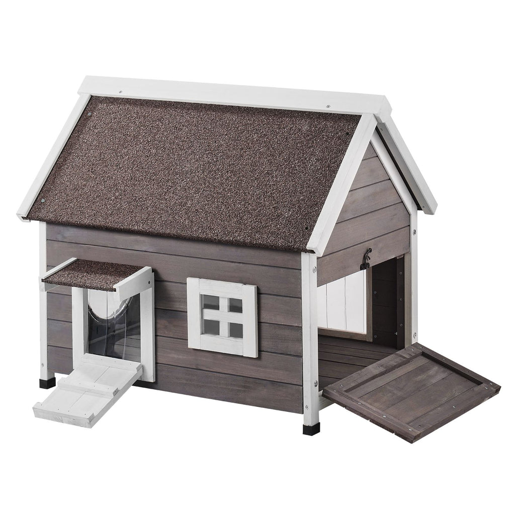 Outdoor Cat House Weatherproof, Feral Cat Shelter for Multiple Cats, Outdoor Wooden Cat House with Large Side Door, PVC Door Flaps, Open Roof, Clear Window, 22"L x 30"W x 26"H