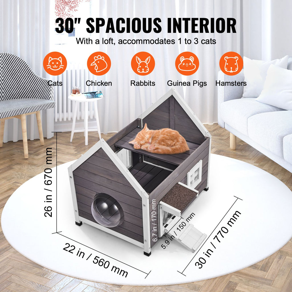 Outdoor Cat House Weatherproof, Feral Cat Shelter for Multiple Cats, Outdoor Wooden Cat House with Large Side Door, PVC Door Flaps, Open Roof, Clear Window, 22"L x 30"W x 26"H
