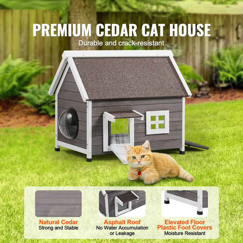 Outdoor Cat House Weatherproof, Feral Cat Shelter for Multiple Cats, Outdoor Wooden Cat House with Large Side Door, PVC Door Flaps, Open Roof, Clear Window, 22"L x 30"W x 26"H