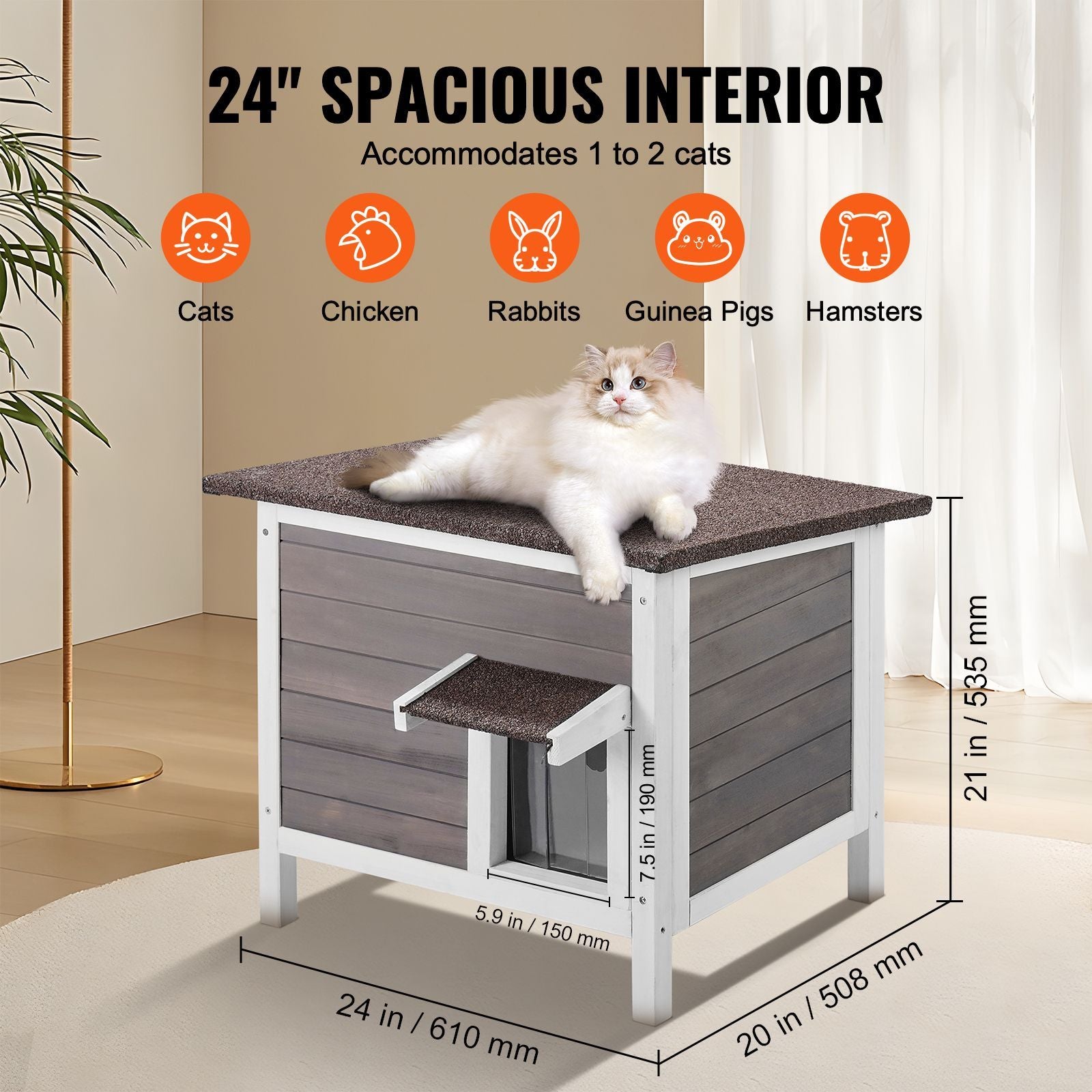 Outdoor Cat House Weatherproof, Feral Cat Shelter for Multiple Cats, Outdoor Wooden Cat Rabbit House with All-Round Foam Insulated, Open Roof, PVC Door Flaps, 24"L x 20"W x 21"H
