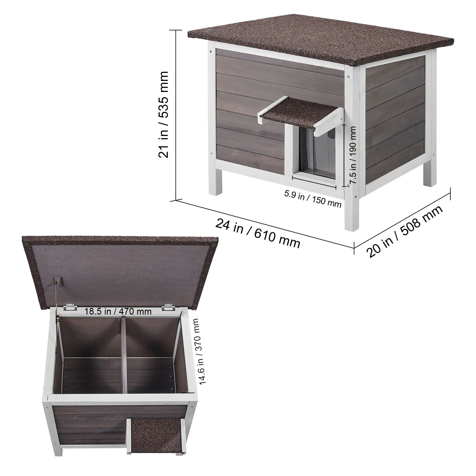 Outdoor Cat House Weatherproof, Feral Cat Shelter for Multiple Cats, Outdoor Wooden Cat Rabbit House with All-Round Foam Insulated, Open Roof, PVC Door Flaps, 24"L x 20"W x 21"H