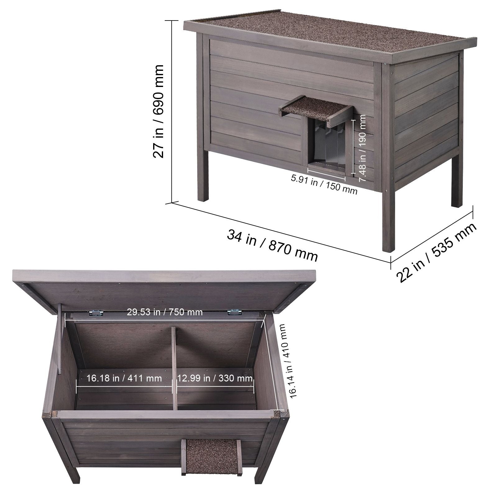 Outdoor Cat House Weatherproof, Feral Cat Shelter for Multiple Cats, Outdoor Wooden Cat Rabbit House with All-Round Foam Insulated, Open Roof, PVC Door Flaps, 34"L x 22"W x 27"H