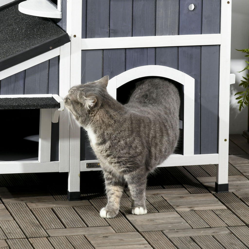 2-Story Outdoor Cat House with Flower Box & Weather Resistant Roof