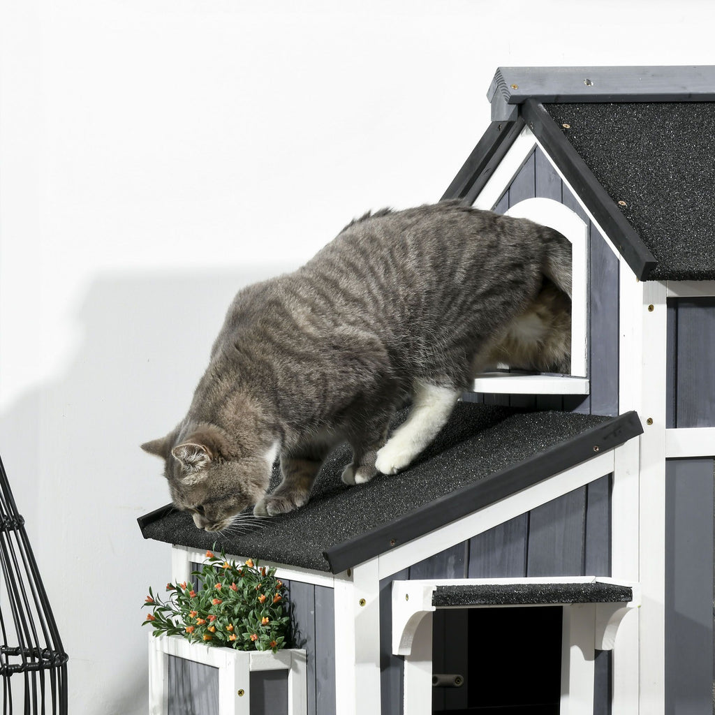 2-Story Outdoor Cat House with Flower Box & Weather Resistant Roof