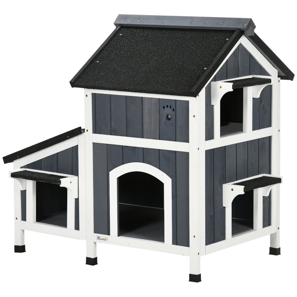 2-Story Outdoor Cat House with Flower Box & Weather Resistant Roof